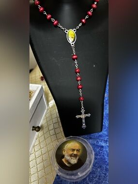 Padre Pio Red Bead Rosary Necklace with Keepsake Box